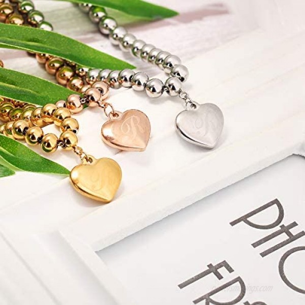 LOYALLOOK 3Pcs Initial Bracelet Heart Charm Bracelet 6mm Bead Bracelet Letter Bracelets for Women