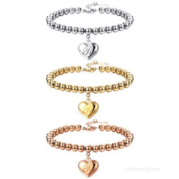 LOYALLOOK 3Pcs Initial Bracelet Heart Charm Bracelet 6mm Bead Bracelet Letter Bracelets for Women