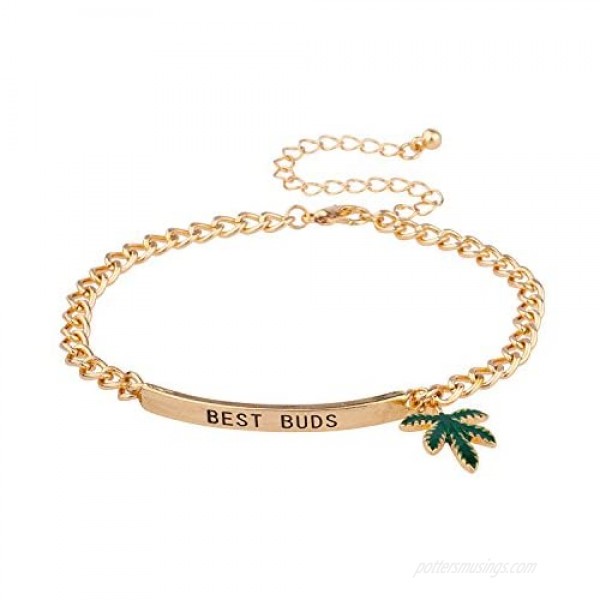 Lux Accessories Goldtone Best Buds BFF Friends Marijuana Leaf Bracelet Set (2pc)