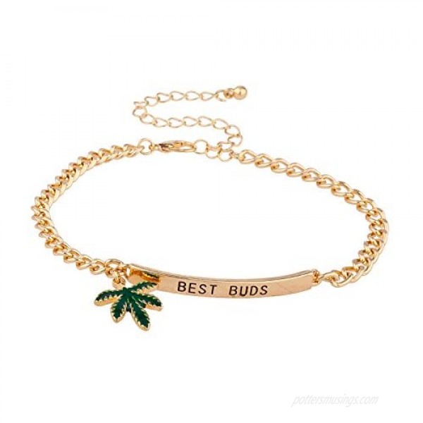 Lux Accessories Goldtone Best Buds BFF Friends Marijuana Leaf Bracelet Set (2pc)