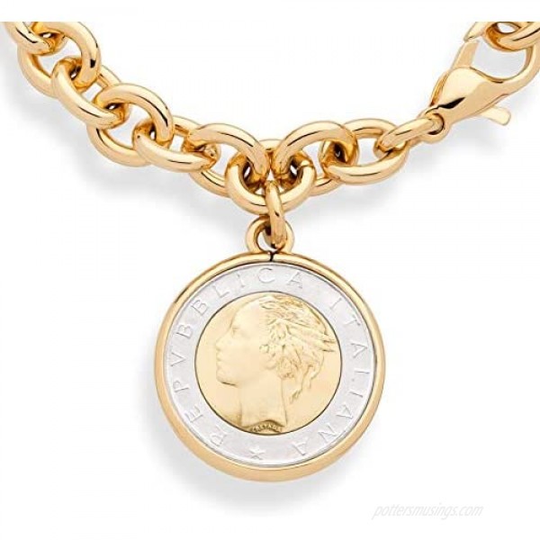 Miabella 18K Gold over Bronze Italian Genuine 500-Lira Coin Charm Rolo Link Chain Bracelet for Women Made in Italy