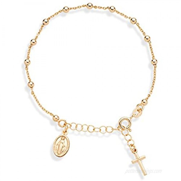 Miabella 18K Gold Over Sterling Silver Italian Rosary Cross Bead Charm Link Chain Bracelet for Women Teen Girls Adjustable 6-7 or 7-8 Inch 925 Made in Italy