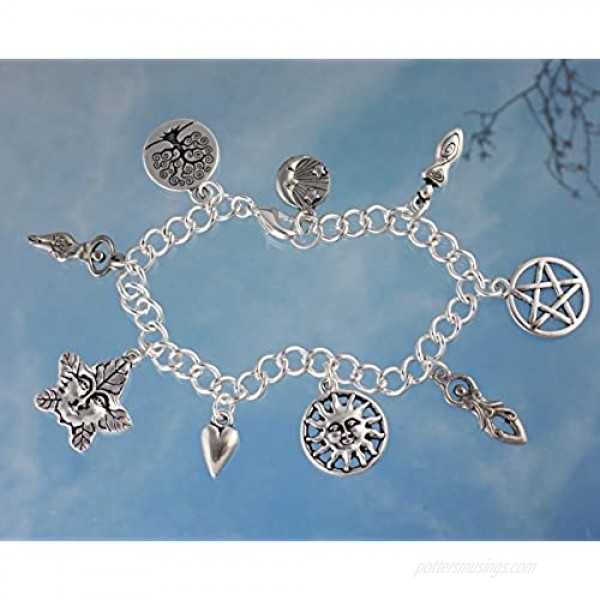 Night Owl Jewelry Wiccan Goddess Silver Plated Pagan Charm Bracelet- Tree Green Man Moon Sun Pentagram- Size XS-XL