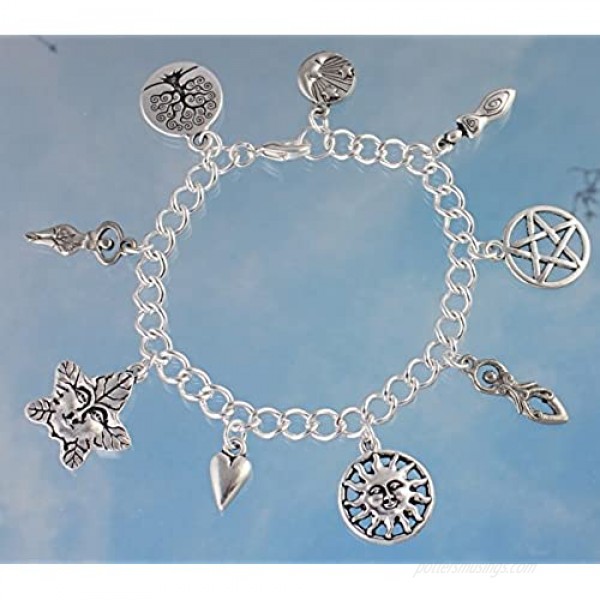Night Owl Jewelry Wiccan Goddess Silver Plated Pagan Charm Bracelet- Tree Green Man Moon Sun Pentagram- Size XS-XL
