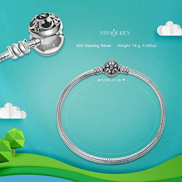 NINAQUEEN 925 Sterling Silver Basic Snake Chain Bracelet with Black Clasp Charms Fit Pandora Charms
