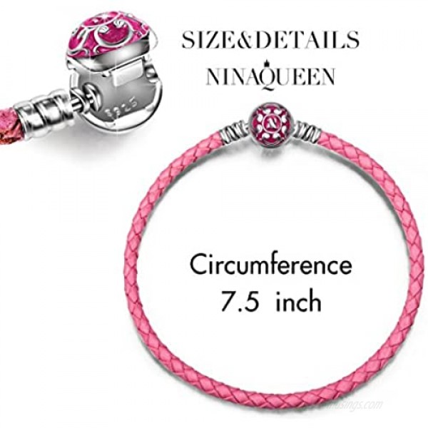 NINAQUEEN Genuine Leather Braided Bracelet Women Wristband Bracelets with 925 Sterling Silver Snap Clasp Charms Gifts for Women Bracelets for Charms