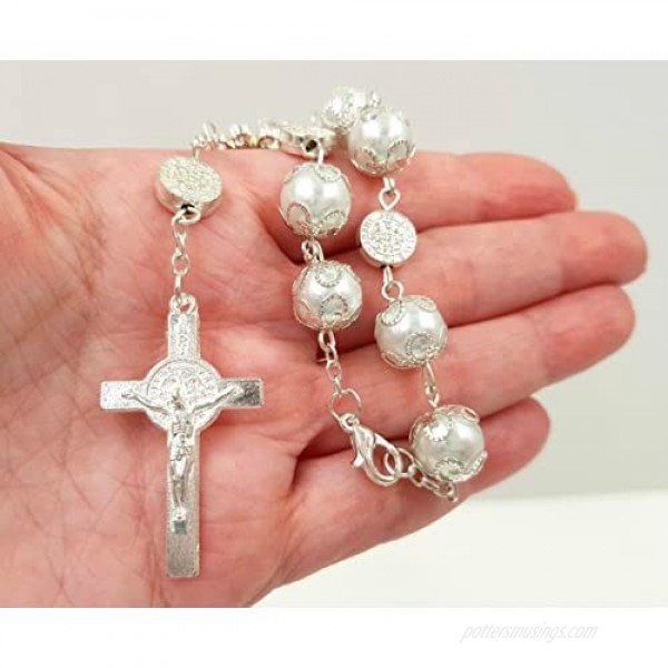 One Decade Auto Rosary Beads Catholic Bracelet Saint St Benedict Crucifix Divine Mercy Gift