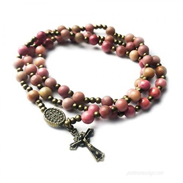 Pink Rhodonite Stone Catholic Rosary Bracelet for Women with Miraculous Medal Charm - Catholic Gifts - Rosarios Catolicos