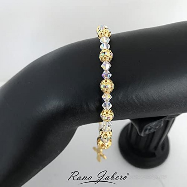 Rana Jabero Sparkling Rosary Crucifix Cross Charm Bracelet Made with Crystals from Swarovski - Gold Plated