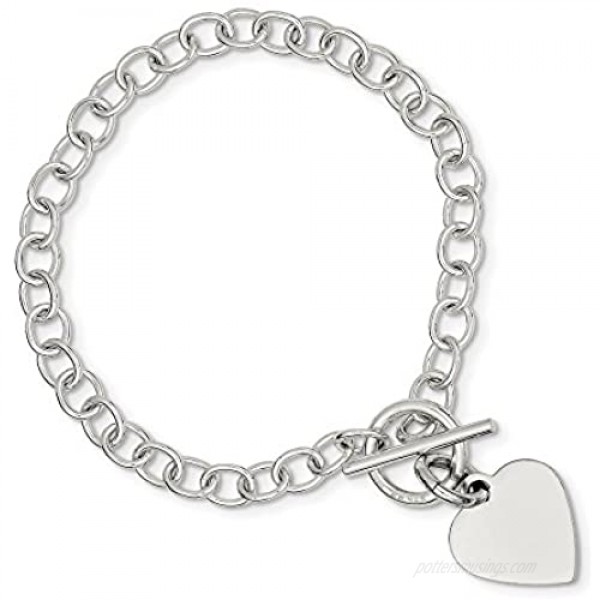 Sterling Silver Flat back Engravable Toggle Closure Polished Heart Charm Bracelet - Length Options: 7.5 8.5