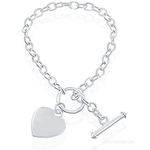 Sterling Silver Italian 7.5 Engravable Heart Charm Toggle Bracelet