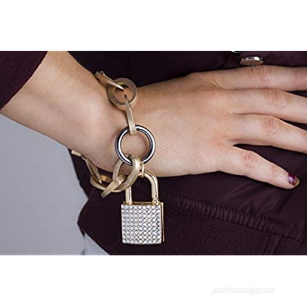Steve Madden Women's Polished Rhinestone Lock Design Charm Link Tri-Tone Bracelet
