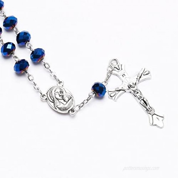 TALISMAN4U Deep Blue Crystal Beads One Decade Auto Rosary Catholic Crucifix Jerusalem Holy Soil Centerpiece