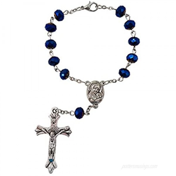 TALISMAN4U Deep Blue Crystal Beads One Decade Auto Rosary Catholic Crucifix Jerusalem Holy Soil Centerpiece