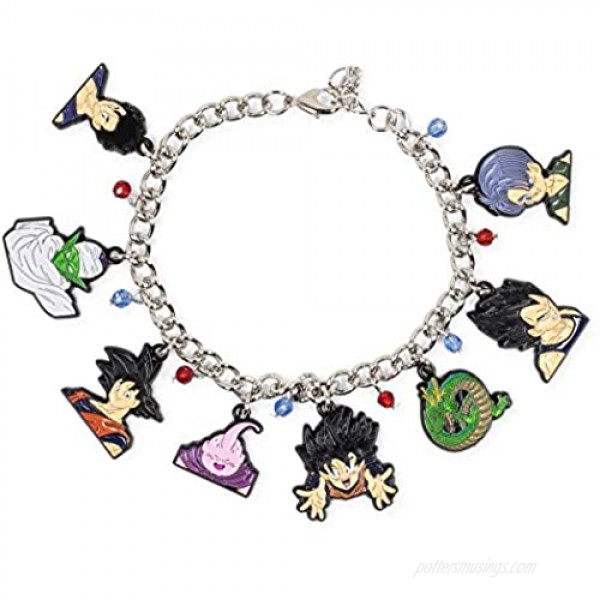 Toynk Dragon Ball Z Character 15-mm Silver-Toned Charm Bracelet | Includes 8 Unique Enamel Pendant Charms | Goku Vegeta Piccolo and More | Fashionable Anime Manga Wrist Jewelry Accessories