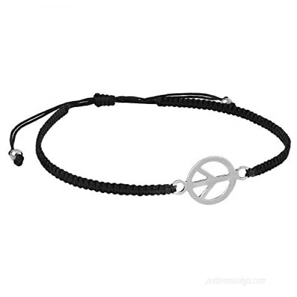 Trendy Hippie Peace Sign .925 Sterling Silver Charm on Black Adjustable Bracelet