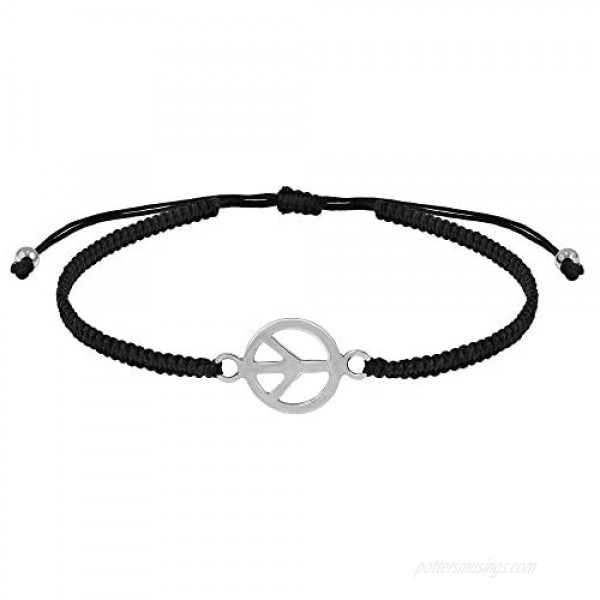 Trendy Hippie Peace Sign .925 Sterling Silver Charm on Black Adjustable Bracelet