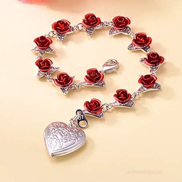 Women Girls Rose Flower Charm Bracelet 18K Gold or Platinum Plated Link 12 Roses Jewelry Lover Gift Gift Packed(Rose/Locket Style/ 100 Lauguages I Love You)