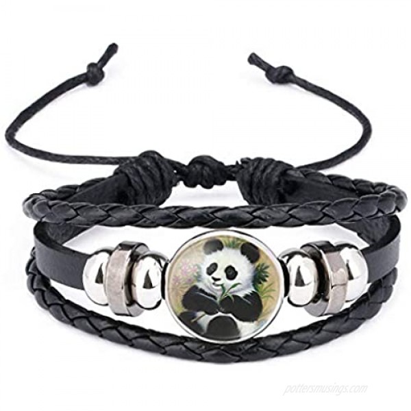 Womens Giant Panda Baby Pictures Black Leather Bracelet Multi Layer Lovely Cartoon Animal Glass Cabochon Bangle for Girl Boy