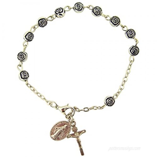 Womens or Girls Religous & Inspirational Catholic Rosebud Rosary Bracelet Antique Silver Plate 6 Mm Bead -- 7 3⁄4 L