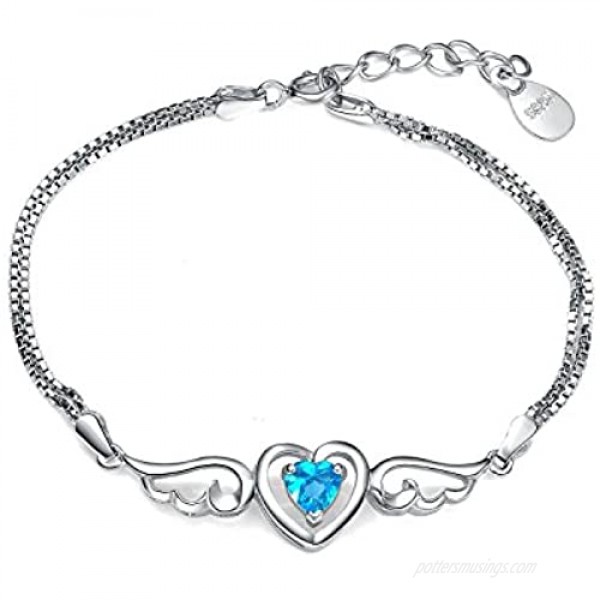 Womens Sterling Silver Sky Blue Angel Wings Love Heart Bracelet Adjustable - Gift for The Ladies