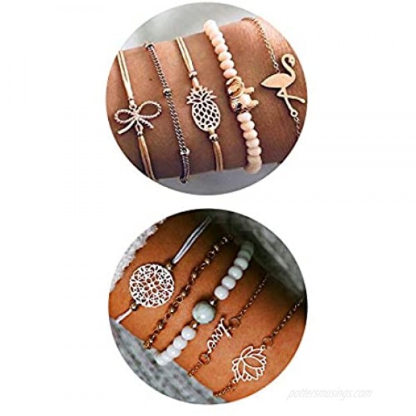 Yeegor 10 Pcs Layered Bohemian Beaded Bracelet Set Adjustable Charm Pendent Stack Wrap Bangle Anklet Bracelets for Women Girl