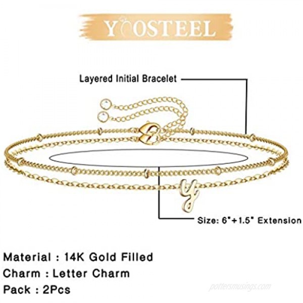 Yoosteel Tiny Initial Bracelets for Women Girls 14K Gold Filled Handmade Letter Bead Bracelet Personalized Layered Initial Bracelets for Women Girls Jewelry Gifts