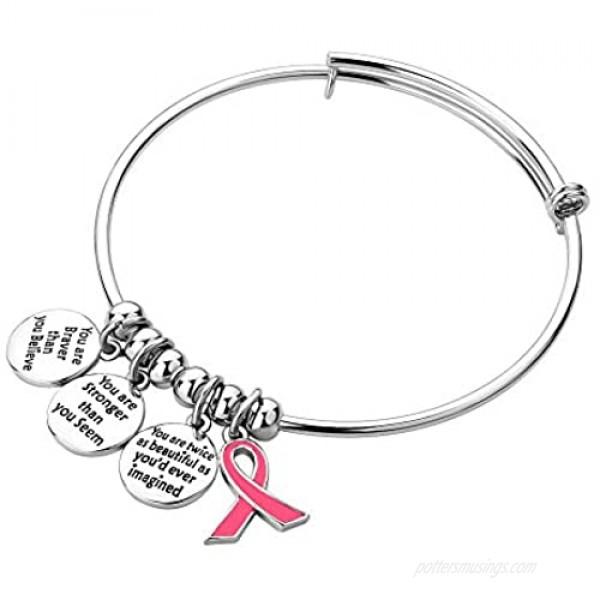 Casa De Novia Jewelry Ribbon Breast Cancer Awareness Believe Braver Stronger Beautiful Adjustable Bangle Charm Bracelet Women Gifts