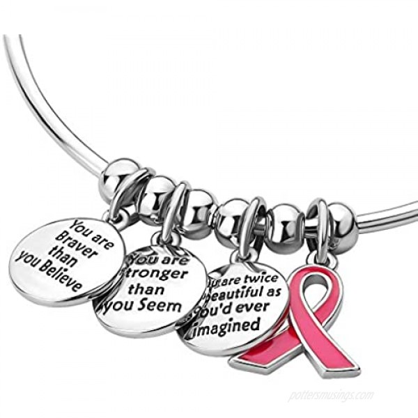 Casa De Novia Jewelry Ribbon Breast Cancer Awareness Believe Braver Stronger Beautiful Adjustable Bangle Charm Bracelet Women Gifts