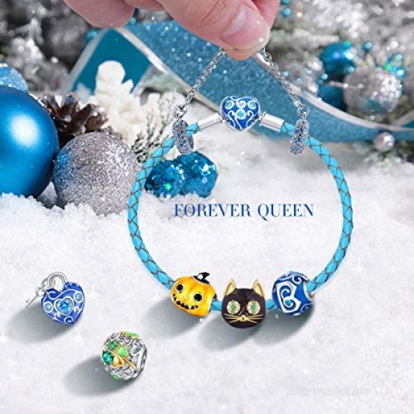 FOREVER QUEEN Genuine Blue Braided Leather Bracelet with 925 Sterling Silver Snap Clasp Charms CZ for Women Teen Fits European Beads Charm