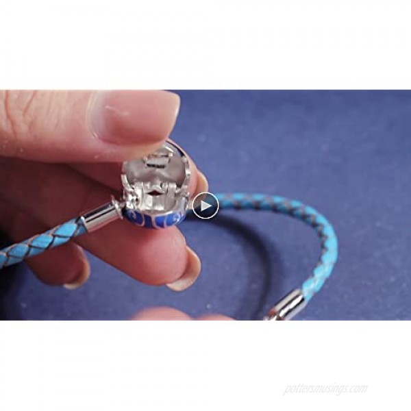 FOREVER QUEEN Genuine Blue Braided Leather Bracelet with 925 Sterling Silver Snap Clasp Charms CZ for Women Teen Fits European Beads Charm
