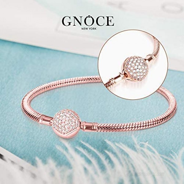 GNOCE Charm Bracelet Sterling Silver Rose Gold Plated DIY Snake Chain Endearing Gifts for Her Basic Charm Bracelet Dainty Bangle with Crystal Round Shape Clasp