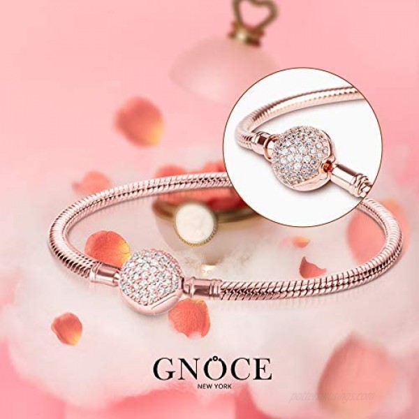 GNOCE Charm Bracelet Sterling Silver Rose Gold Plated DIY Snake Chain Endearing Gifts for Her Basic Charm Bracelet Dainty Bangle with Crystal Round Shape Clasp