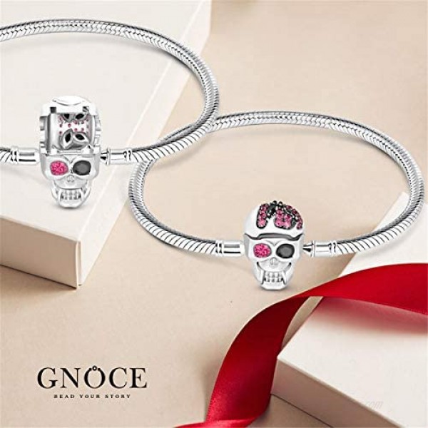 GNOCE Skull Charm Bracelet with Safety Chain Sterling Silver Snake Chain Basic Charm Bangle with Skull Clasp