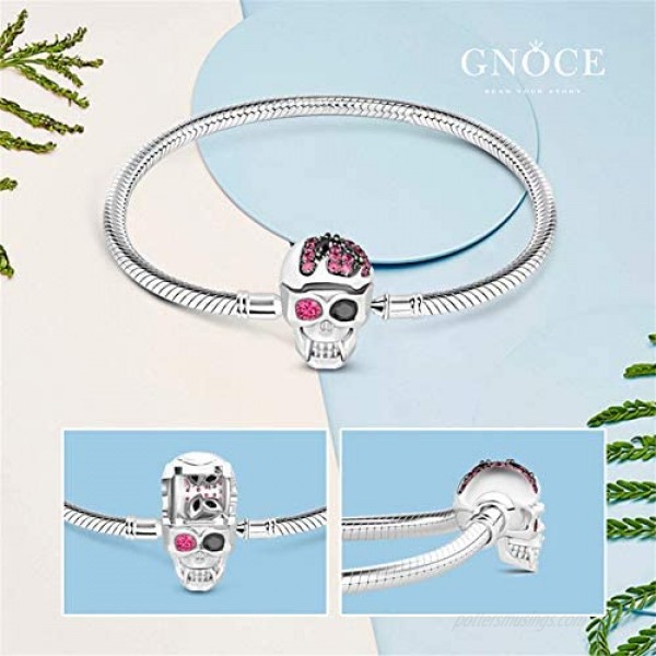 GNOCE Skull Charm Bracelet with Safety Chain Sterling Silver Snake Chain Basic Charm Bangle with Skull Clasp