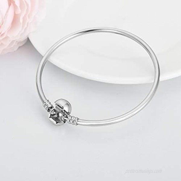 Jewelry Moments Bangle Charm Bracelet 925 Sterling Silver Chain Bracelet Snap Clasp Fit Pandora Charm Bead Birthday Gift for Women Mom