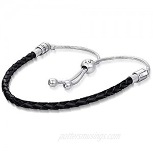 LONAGO Jewelry Moments Black Leather Slider Snake Chain Charm Bracelet 925 Sterling Silver Sliding Clasp Adjustable Link Fit Pandora Charm Bead Birthday Gift for Women Mom