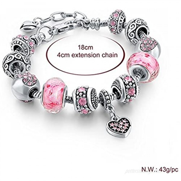 Long Way Silver Tone Chain Pink Crystal Love Heart Bead Glass Charm Bracelet with Extender 7.5+1.5 …