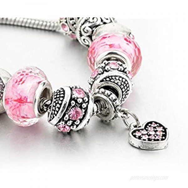Long Way Silver Tone Chain Pink Crystal Love Heart Bead Glass Charm Bracelet with Extender 7.5+1.5 …
