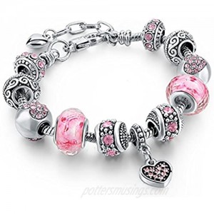 Long Way Silver Tone Chain Pink Crystal Love Heart Bead Glass Charm Bracelet with Extender 7.5"+1.5" …