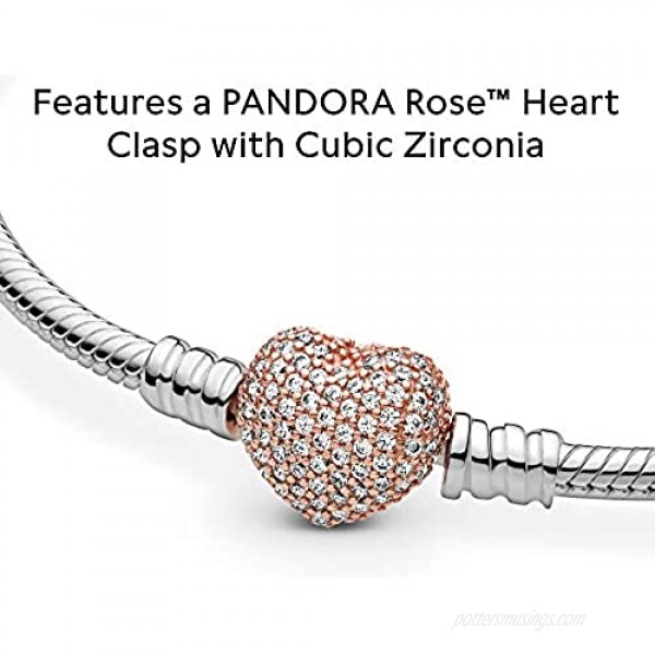 PANDORA Jewelry Moments Pave Heart Clasp Snake Chain Cubic Zirconia Bracelet in Rose