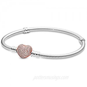 PANDORA Jewelry Moments Pave Heart Clasp Snake Chain Cubic Zirconia Bracelet in Rose  7.5"