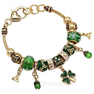 Rosemarie Collections Women's St. Patrick's Day Irish Shamrock Claddagh Glass Bead Charm Bracelet  7-8" with 1" Extender