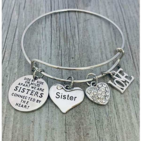 Sister Charm Bangle Bracelet for Women- Side By Side or Miles Apart We are Sisters Connected By the Heart Jewelry Perfect Gift for Sisters