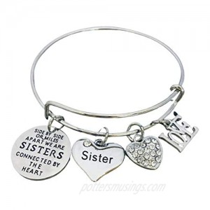 Sister Charm Bangle Bracelet for Women- Side By Side or Miles Apart  We are Sisters Connected By the Heart Jewelry  Perfect Gift for Sisters