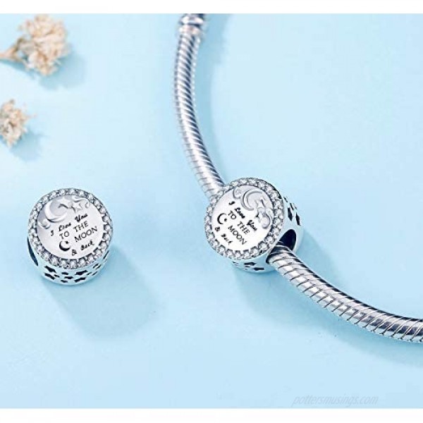 925 Sterling Silver Charm fit Charms Bracelet Necklace I Love You to the Moon and Back Charm Gifts for Her