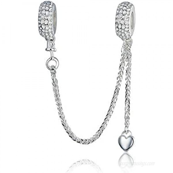ABAOLA Heart Safety Chain Charm 925 Sterling Silver Beads fit Pandora Charms Bracelet & Necklace