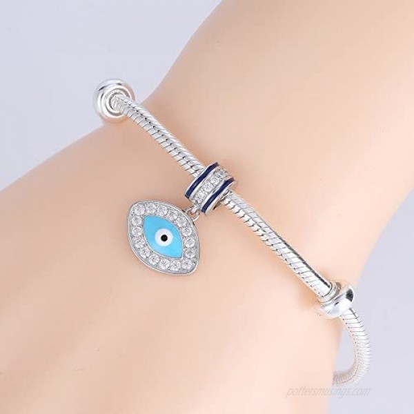ABUN Blue Evil Eye Pendant Charms Original 925 Sterling Silver Dangle Charm with Clear CZ for European Bracelet