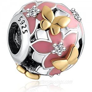 Angemiel 925 Sterling Silver Magnolia Bloom Enamel & CZ Charms Bead for European Bracelets Women Girl Gifts