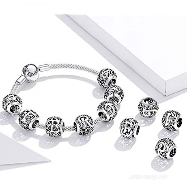 BAMOER 925 Sterling Silver Letter Retro Charms Openwork Alphabet Round Beads Fit Pandora Bracelet